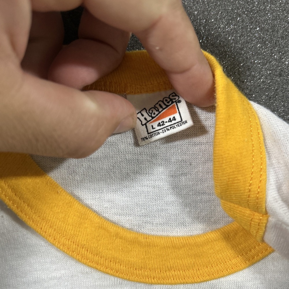 Vintage 70s Galliano Harvey Wallbanger Yellow Ringer Cocktail Shirt L Two Sided - Picture 8 of 16
